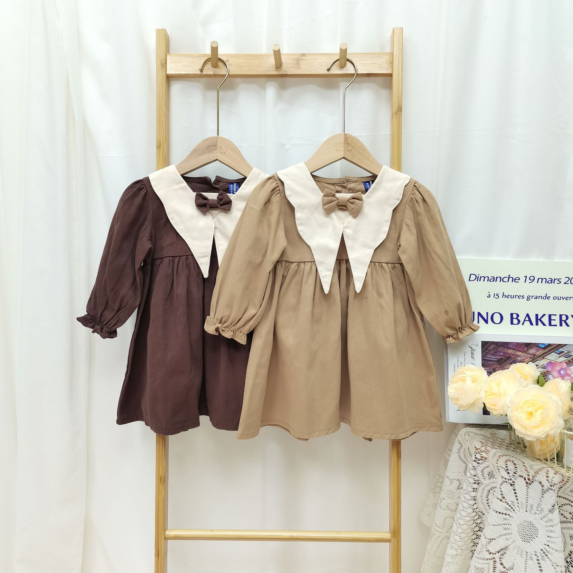 South Korea Girls Autumn dress Children's Western Style Skirt Children's Baby Vintage Long Sleeve Bow Princess Dress