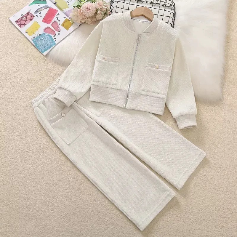 Girls' Fashion Zipper Cardigan Trousers Two-piece Set for Primary and Secondary School Students Spring and Autumn New Stylish Fragrant Style suit Trendy