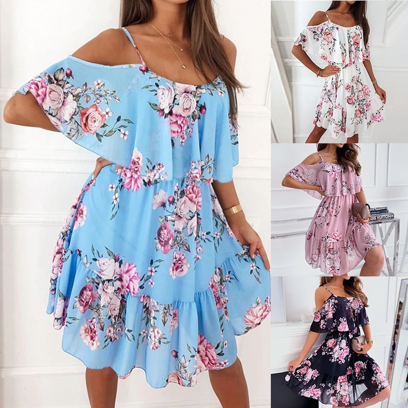 Cross-Border European and American Amazon Suspender Printed Chiffon Fashion Women's Foreign Trade Sexy Off-Shoulder Dress Summer