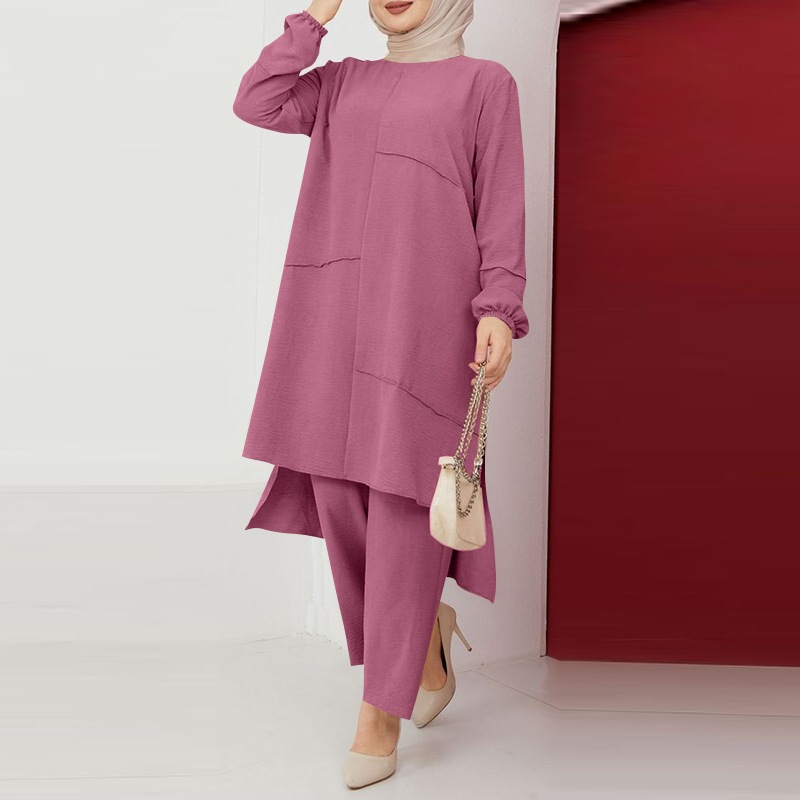 Picture of Muslim Women's Urban Sportswear Two-Piece Elegant Puff Sleeve Shirt Loose Fashionable Wide Leg Pants Suit