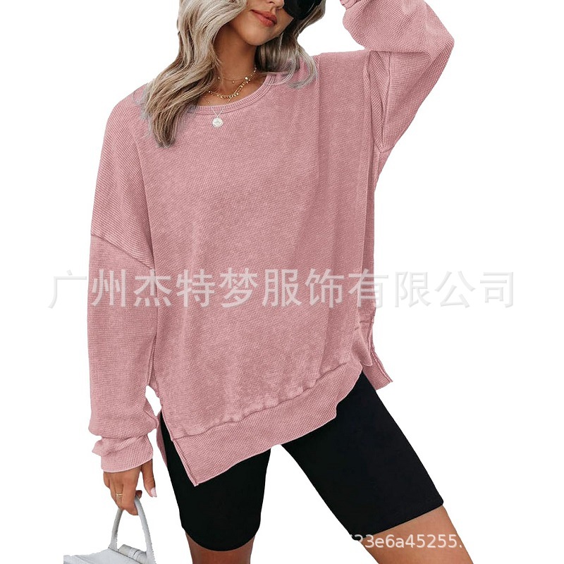 Picture of 2025 European and American Cross-Border Women's Clothing Amazon Autum New Round Neck Long-Sleeved Side Slit Waffle Sweatshirt T-Shirt for Women