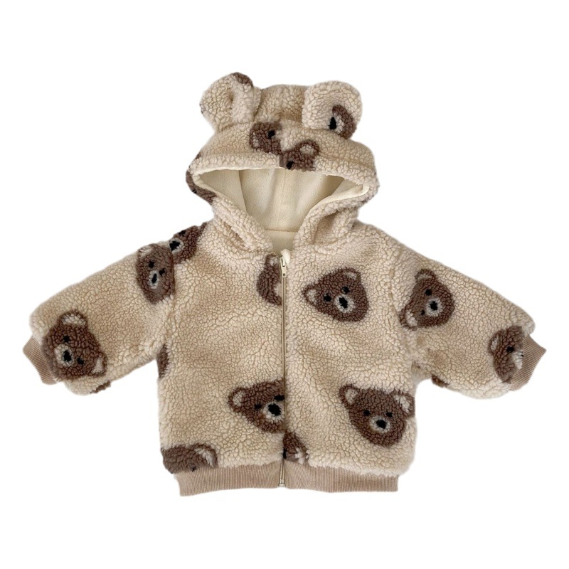Baby Jumpsuit autumn and winter clothing fleece-lined warm bear pattern hooded zipper top coat lambswool outwear
