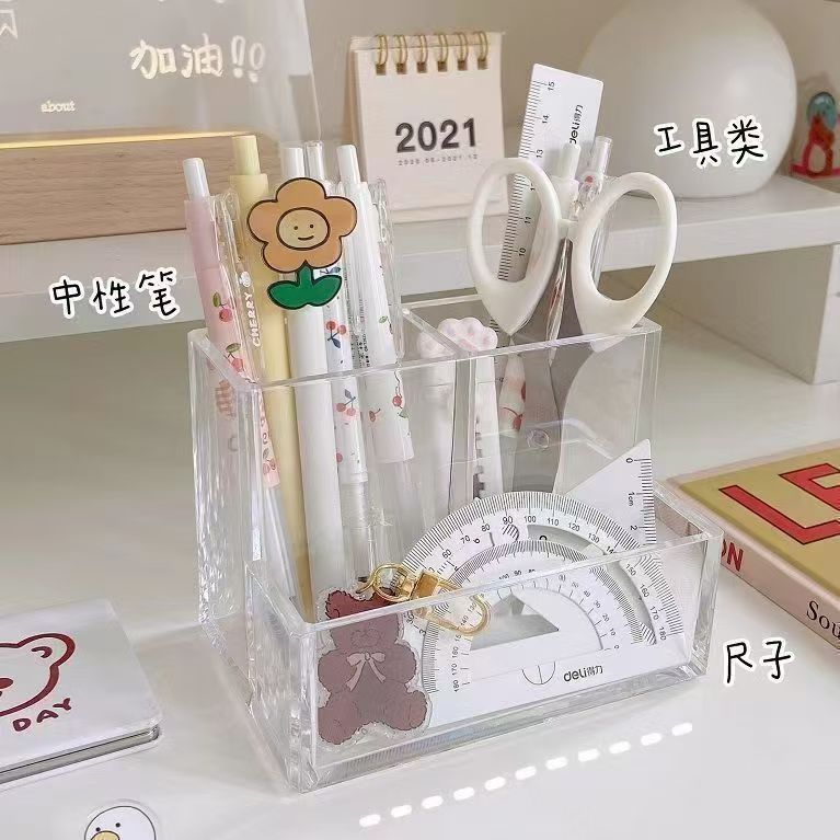 Picture of Transparent pen container plastic acrylic square stationery storage tube pen supplies wholesale student culture business creativity