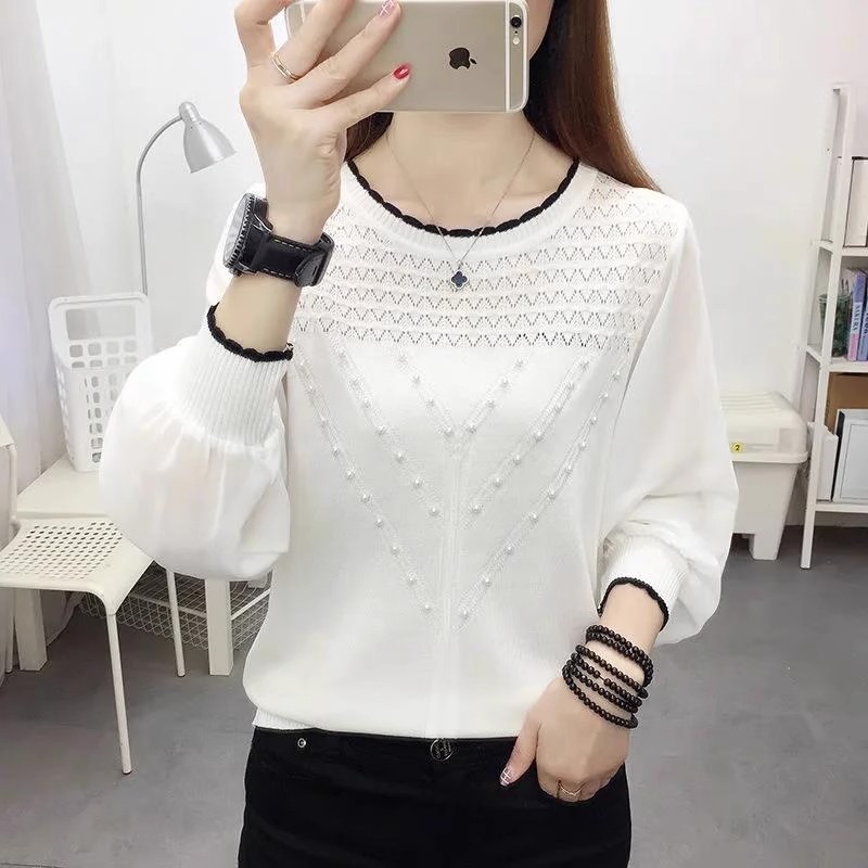 Picture of Chiffon Ice Silk Knitted Bottoming Shirt Spring and Autum New Long-Sleeved Round Neck Elegant Western Style Top Slimming Look Loose Sweater
