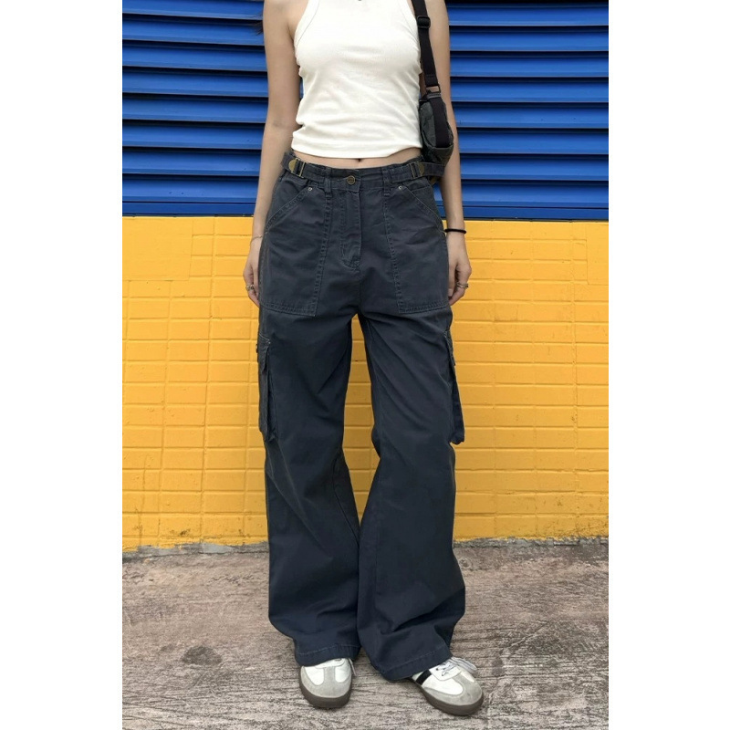 American Retro Washed Multi-Pocket Cargo Jeans Unisex High Street Design High-Waisted Loose Casual Straight Pants