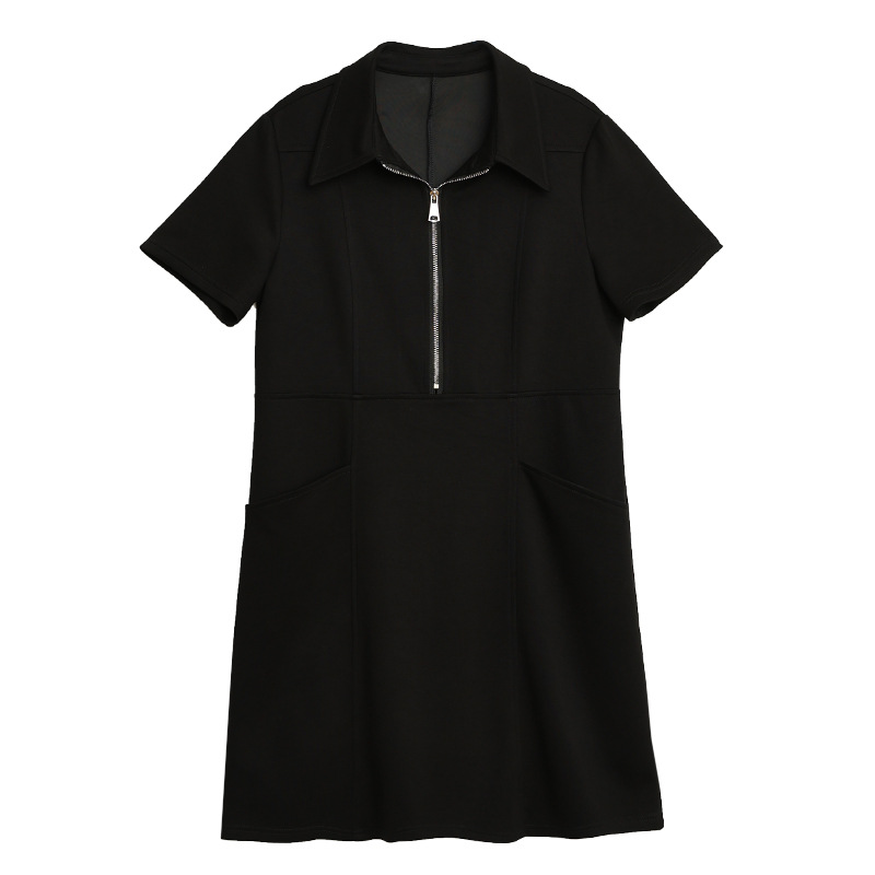 Picture of Simple Casual Lapel Black dress 2025 Summer New Style Zipper Fashionable Elegant Slim plus size A- line Skirt