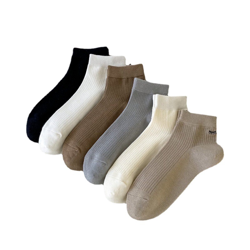 Women's Short Socks Women's Shallow Mouth Mid Socks Solid Color Combed Cotton Sweat Absorbing Spring Breathable Eyelash Embroidered Short Socks