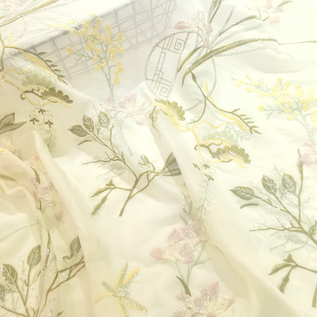 2025 New Chinese Pine Bamboo Sequins Multicolor Heavy Embroidered Lace Fabric Cheongsam Hanfu Coat Surface Accessories