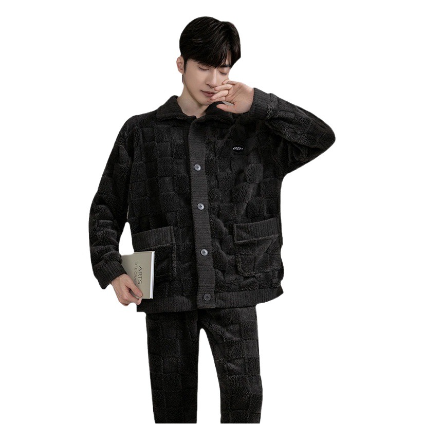 2025 New Men's Pajamas Coral Fleece Plus Velvet Thickened Warm Home Clothes Flannel Teenage Student Suit