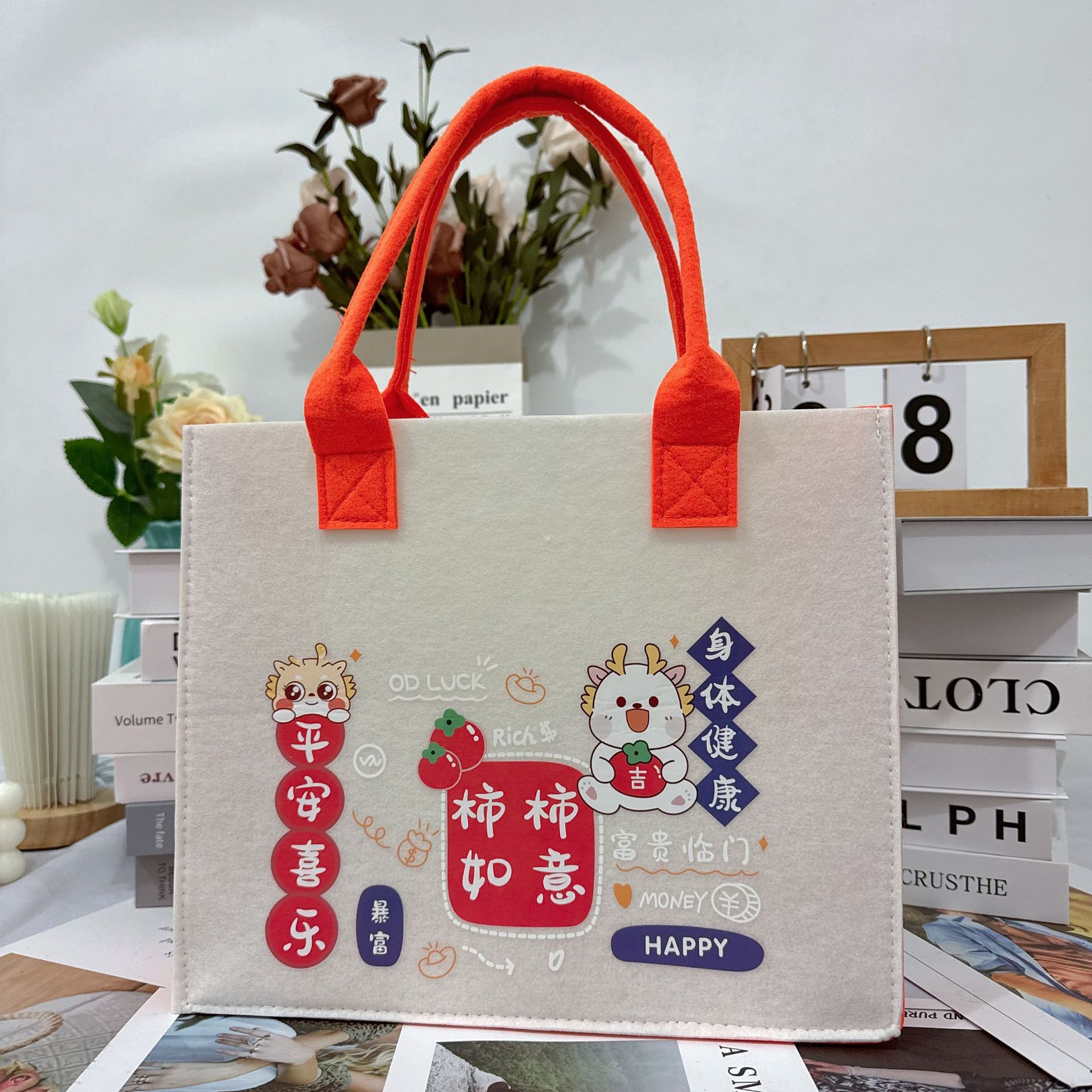 Picture of Trendy Felt Tote Bag with Simple Forest-Style Print, Versatile Large-Capacity Shoulder Felt Bag for Storage
