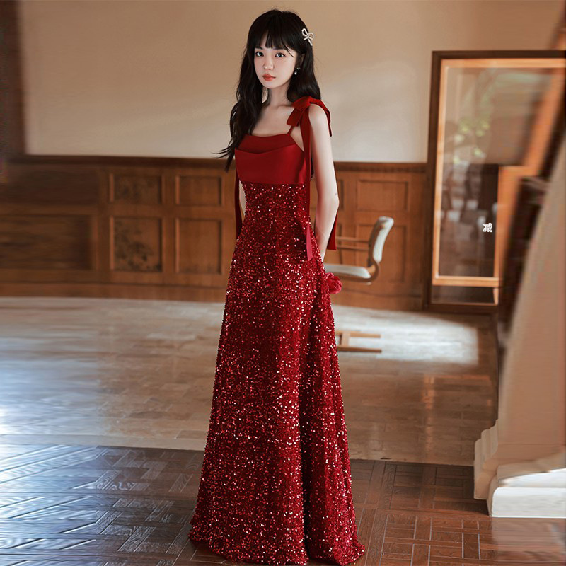 Toasting Dress Bride 2022 New Wedding Winter Wine Red Sling Evening Dress High-end Engagement Dress for Women