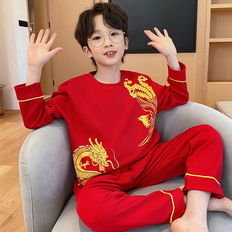 Picture of Spring and Autumn boys' pajamas pure cotton long-sleeved red animal year Festive dragon year little boy children's homewear suit