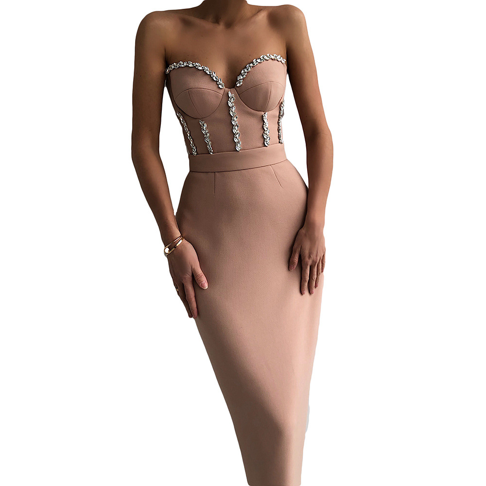 Picture of Foreign trade new solid color temperament strapless bandage skirt Europe and the United States sexy diamond party dress dress