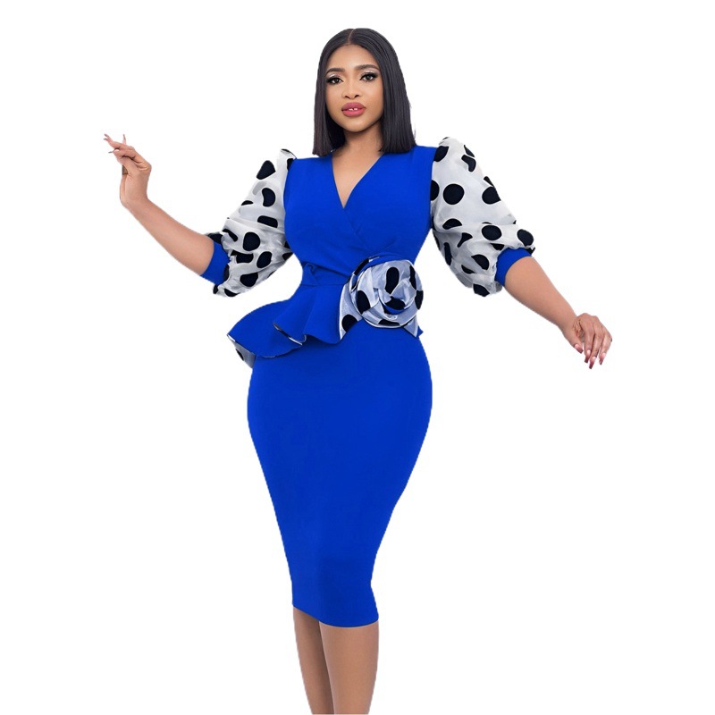 Good-looking Light Mature Women's Skirt European and American Fashion Green High-grade Skirt Stitching Dot Mesh Bubble Sleeve Pencil Skirt dress