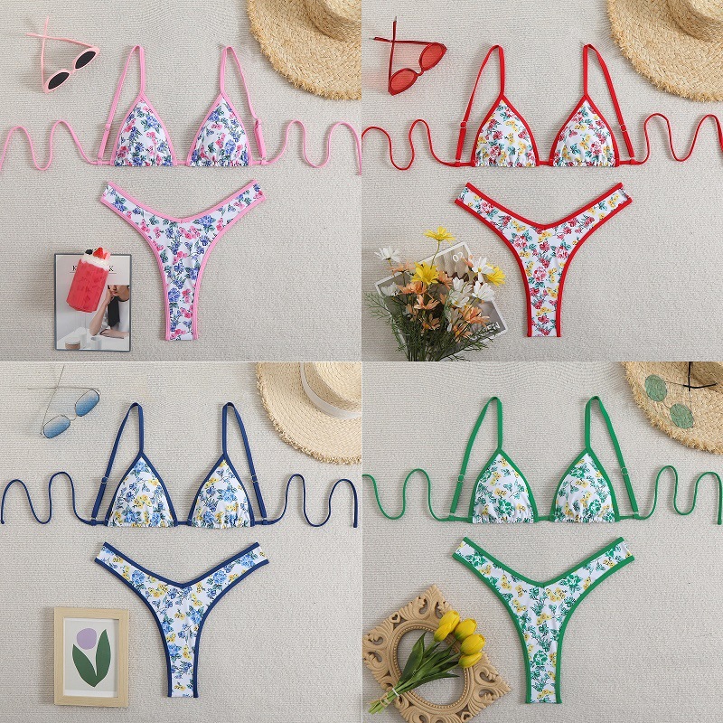 2025 new AliExpress European and American sexy floral triangle swimsuit women's beach hot spring three-point bikini swimsuit