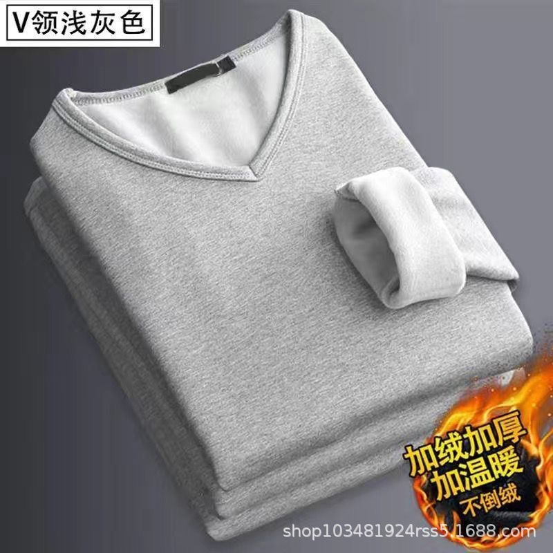 Winter men's fleece-lined warm clothes student thickened underwear suit autumn clothes long pants youth V-neck white bottoming shirt