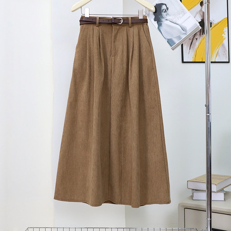 Picture of Maillard Retro Corduroy Skirt for Women, Autumn and Winter Khaki Casual Style with Belt, Mid-Length Pleated A-Line Skirt