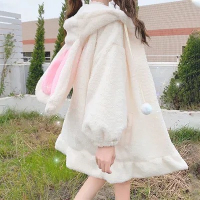 Picture of Winter soft girl cute fur ball rabbit ears hooded lotus leaf Border lamb wool thickened cotton-padded coat for students Female
