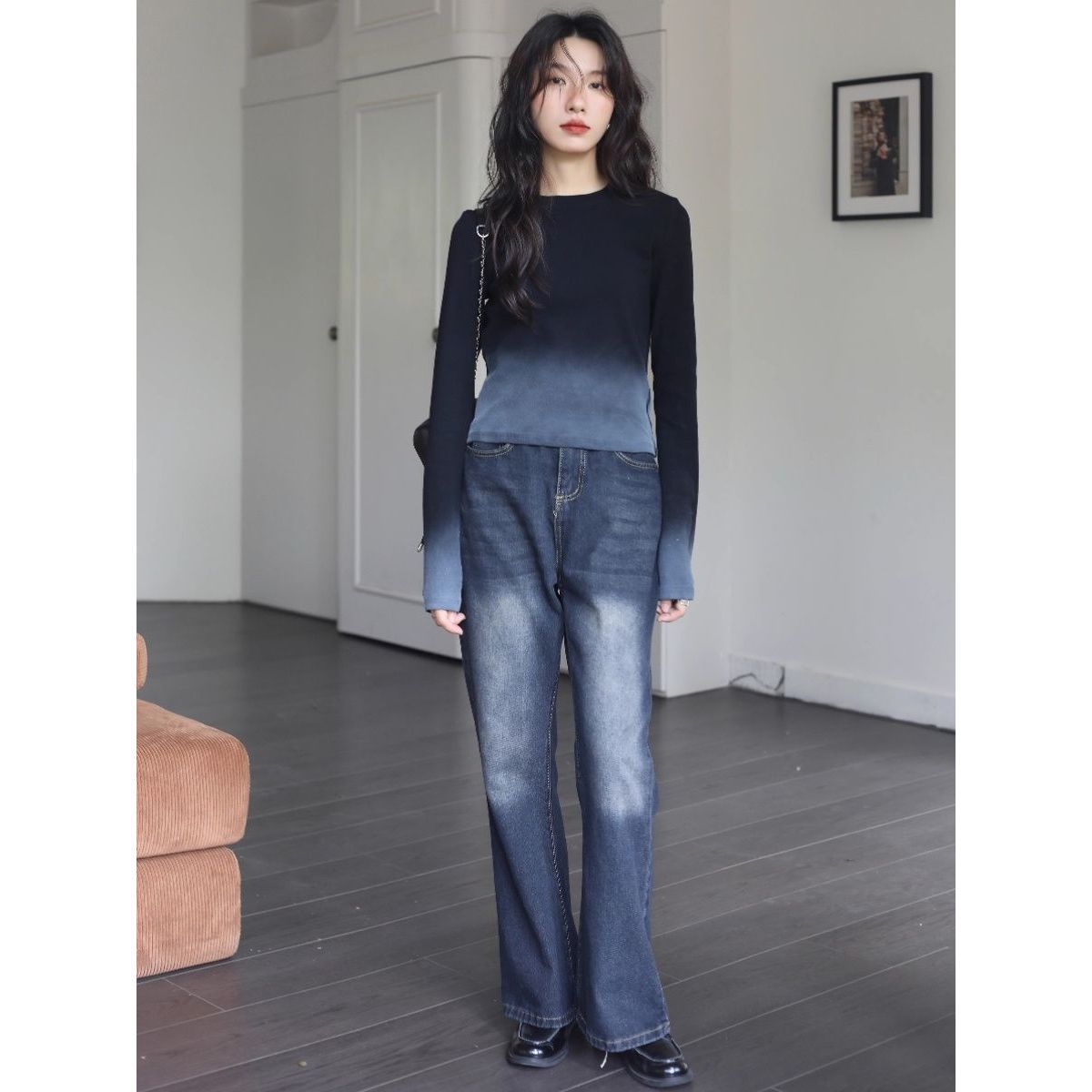 Black Gradient Shoulder Long-sleeved T-shirt Women's Early Autumn 2024 New Slim-fit Slimming Inner Base Shirt Short Top