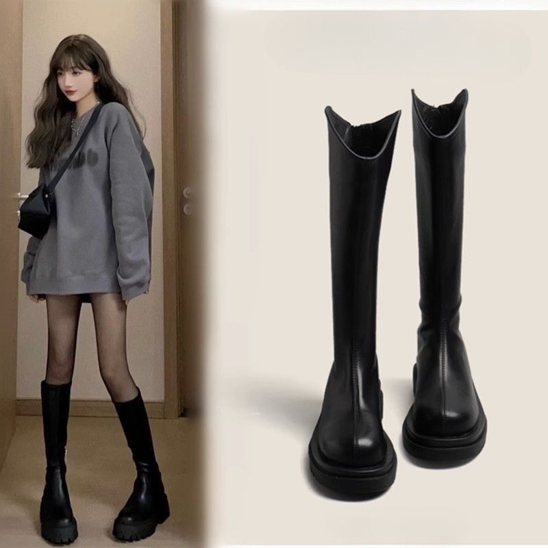Net red but knee boots women's 2024 autumn new thick bottom slim flat bottom fashion high knight boots tide