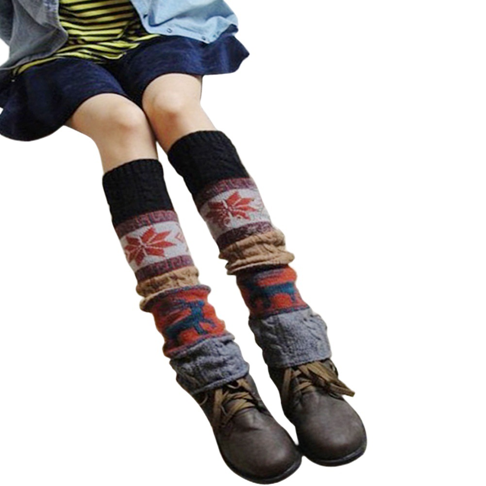 Autumn and Winter Twist Snowflake Fawn Stag Socks Knitted Knee Pad Wool Stacks Warm Leg Pad Foot Cover Boot Cover for Women