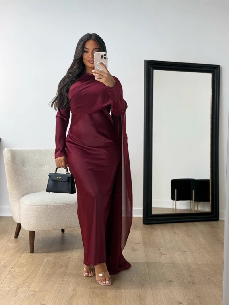 Picture of 2024 Autumn and Winter Cross-border Foreign Trade Women's Clothing Amazon Independent Station ebay Middle East Wrapping Hip Satin Chiffon Evening Dress
