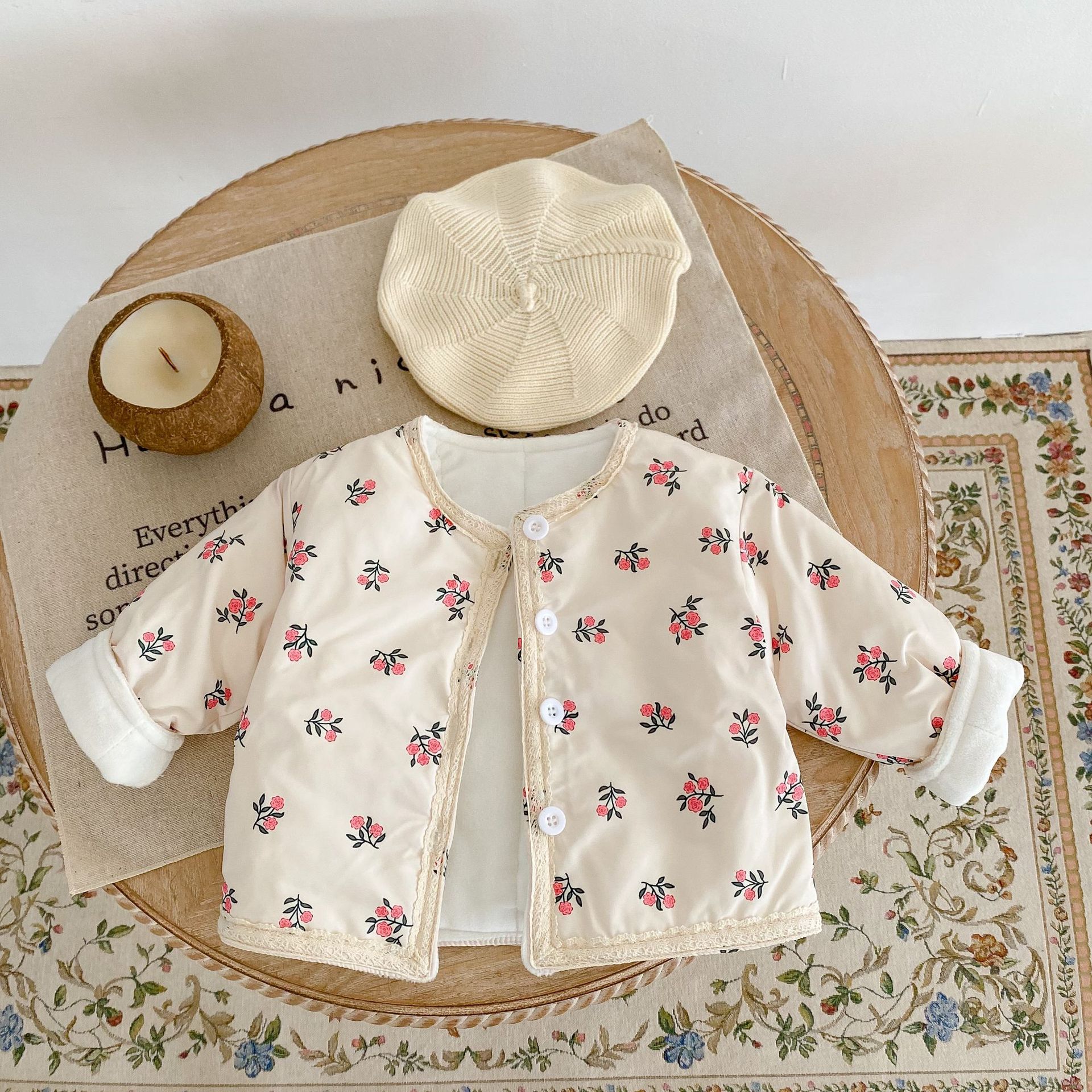 Picture of 2025 New Winter Clothing for Baby Girls, Infants and Young Kidsren, Thickeneded Long-Sleeved Lace Floral Quilted Cardigan Jacket