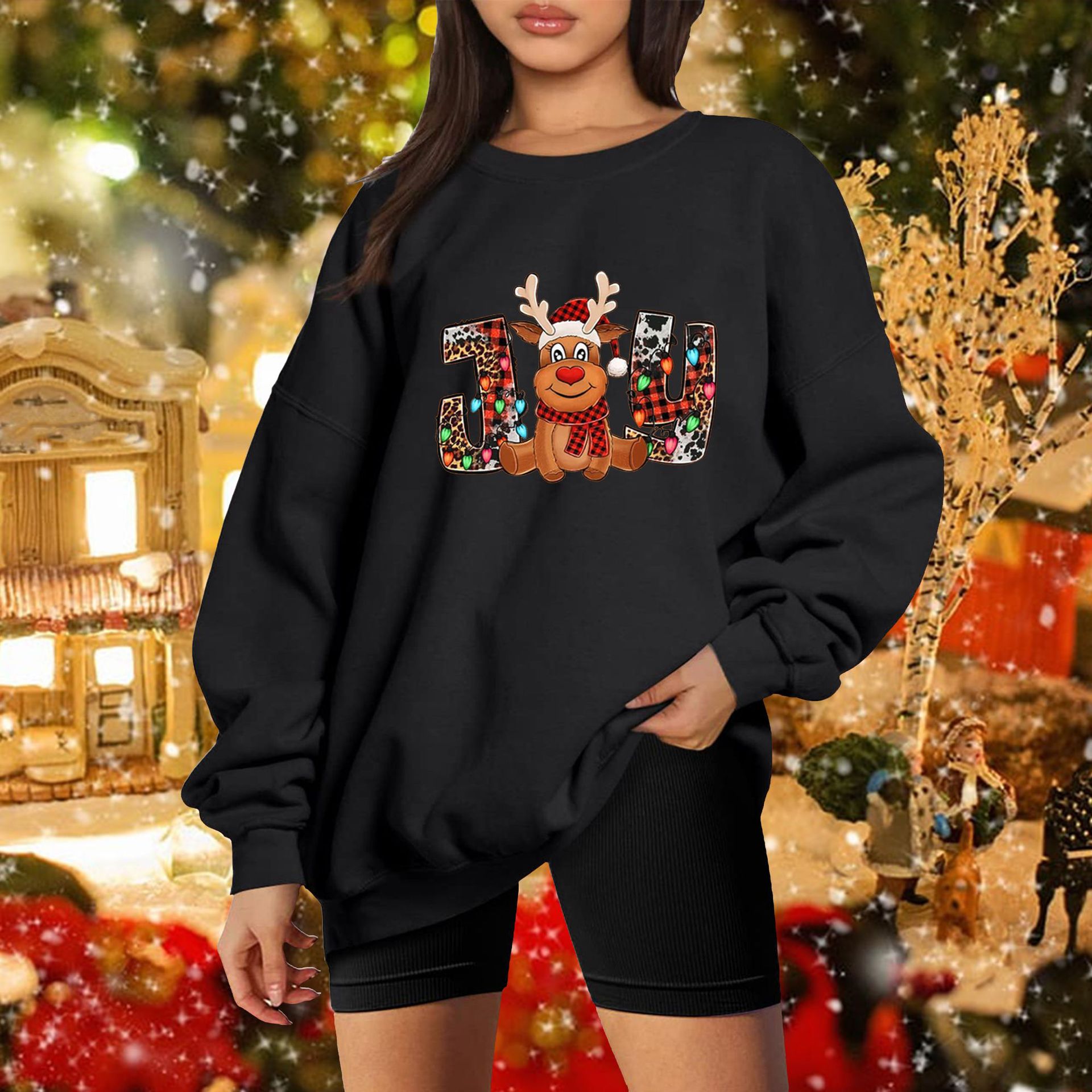 Picture of 2022 Christmas new women's Christmas elk print fleece-lined thickened drop shoulder round neck sweater