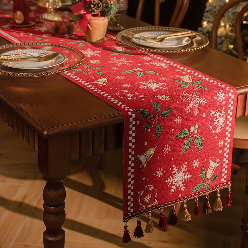 New American Style Vintage Christmas Table Flag Light Luxury Jacquard Fabric Long Tablecloth Festive Red Entrance Bucket Cover Towel