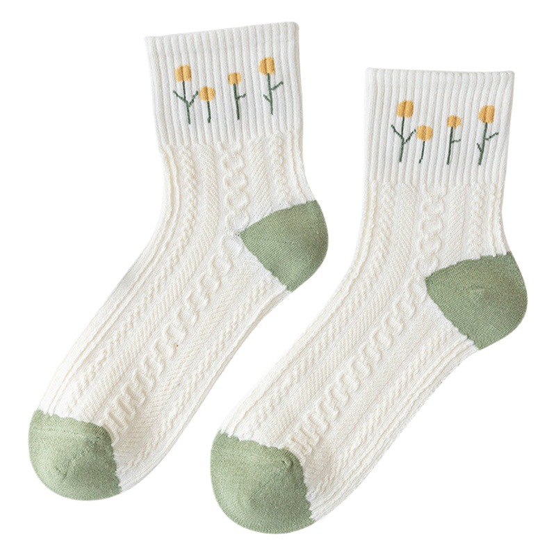 Green Socks Women's Mid-length Socks Spring Autumn and Winter Cotton Ins Trendy Japanese Style Fresh Flower Girl's Sweet Sports Stockings
