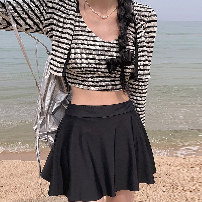 Swimsuit Women's Striped Split Bikini Three-piece Set High Waist Skirt Long Sleeve Sun Protection Conservative Hot Spring 2025 New