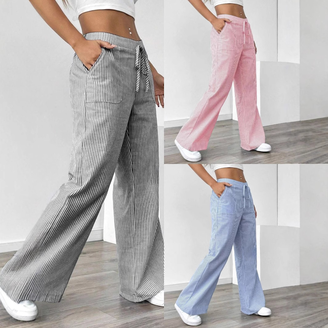 European and American Foreign Trade Cross-Border 2025 Spring and Summer New Striped Long Pants Casual Versatile Street Fashion Loose Wide-Leg Women