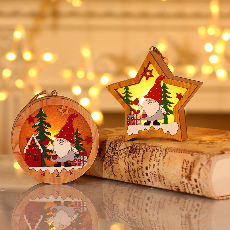 Cross-Border New Product Christmas Forest Old Man Wooden Luminous Pendant Christmas Tree Decoration Round Five-Pointed Star Small Pendant