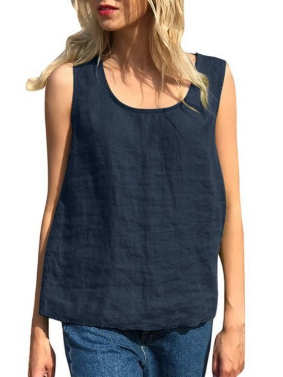 Amazon European and American Independent Station Cross-Border Women's Loose Casual Cotton and Linen Vest Summer Solid Color Round Neck Sleeveless Top