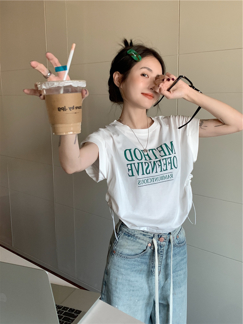 Summer New Short Sexy Belly-covering Niche Design Drawstring Lazy Style Top Trendy