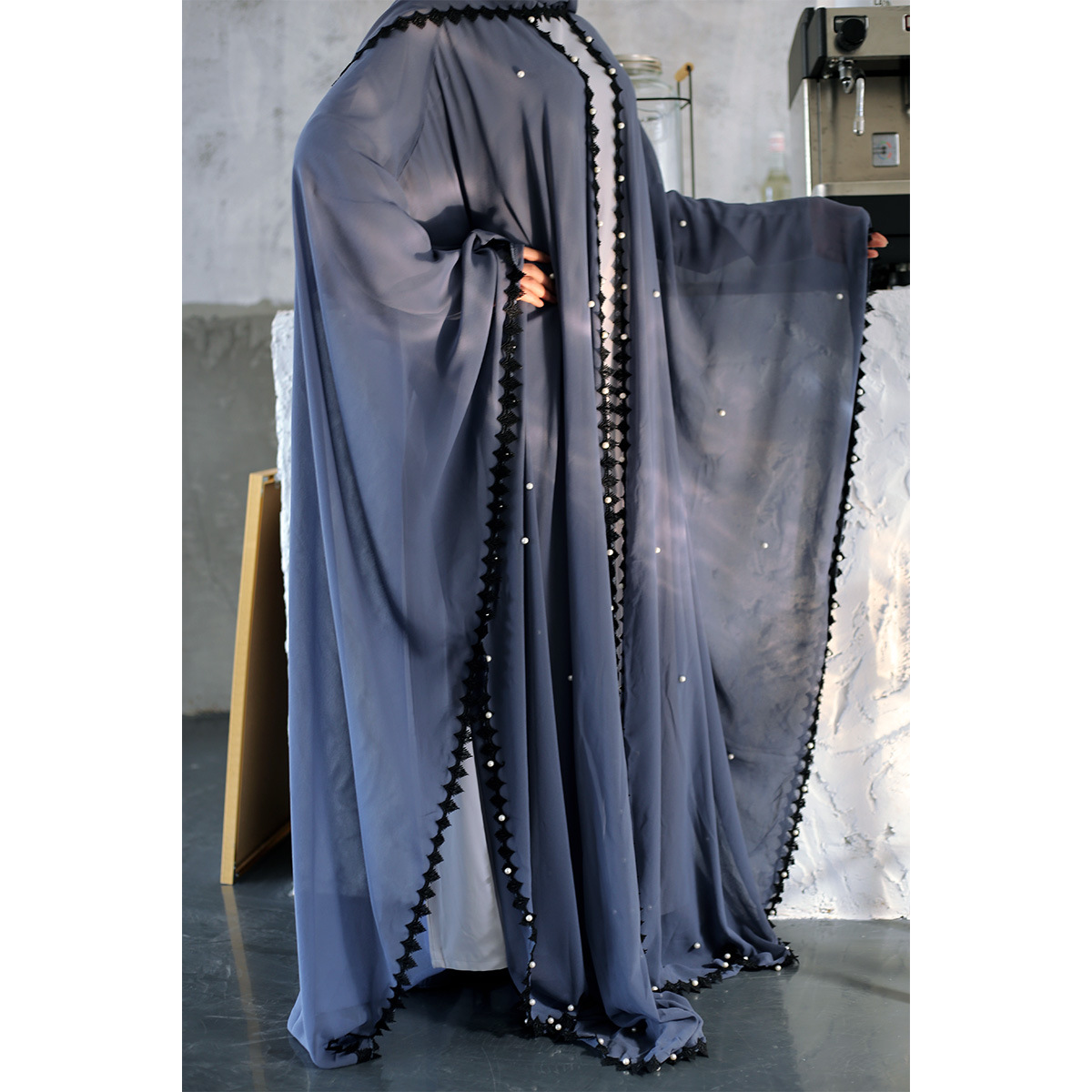 Picture of European and American muslim Trendy Lace Stitching Beads Loose Lace Long Sleeve Cardigan Women's 1653