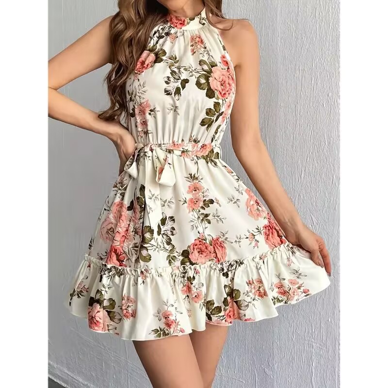 Cross-border New Amazon European and American Women's Fashion Elegant Elegant Foreign Trade Printing Lace-up Sleeveless Flower dress