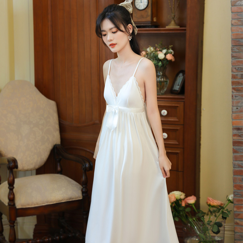 Sling Nightgown Women's Cotton Palace Style Sexy Lace Comfortable Pajamas Long Sling Skirt Chest Pad Outer Wear Home Clothes Summer