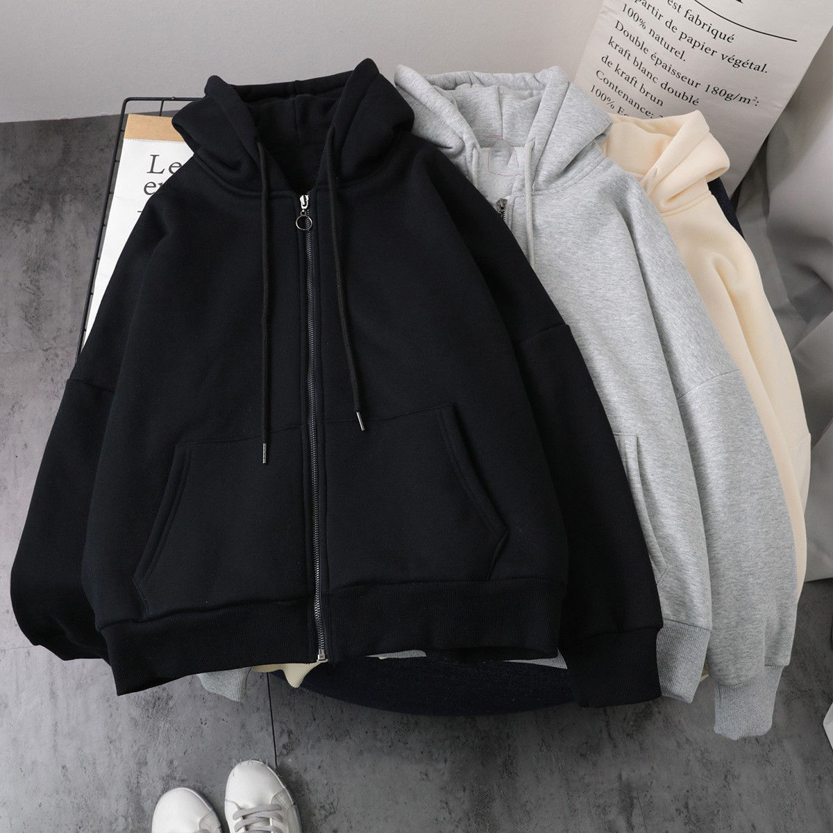 Picture of Grey Thin Zipper Sweatshirt Women's Spring and Autumn Korean Casual Jacket Large Size Loose Sports Hooded Solid Color Top