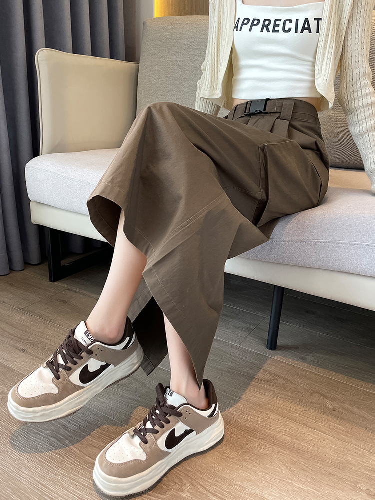 Large Pocket Cargo Umbrella Skirt Spring and Autumn 2024 New High-Waisted Slimming Slit A-Line Midi Long Skirt E644