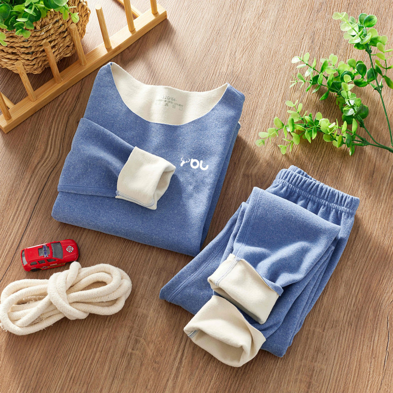 Autumn and Winter Children's seamless thermal underwear fleece-lined medium thick autumn clothes long pants boys and girls baby wear pajamas suit