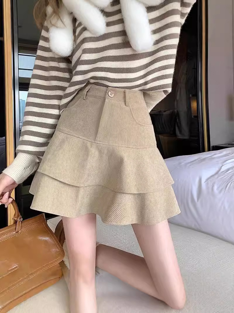 khaki Pleated Skirt Corduroy Skirt Women's Autumn and Winter High Waist A- Line Skirt Small Hip Skirt Umbrella Skirt