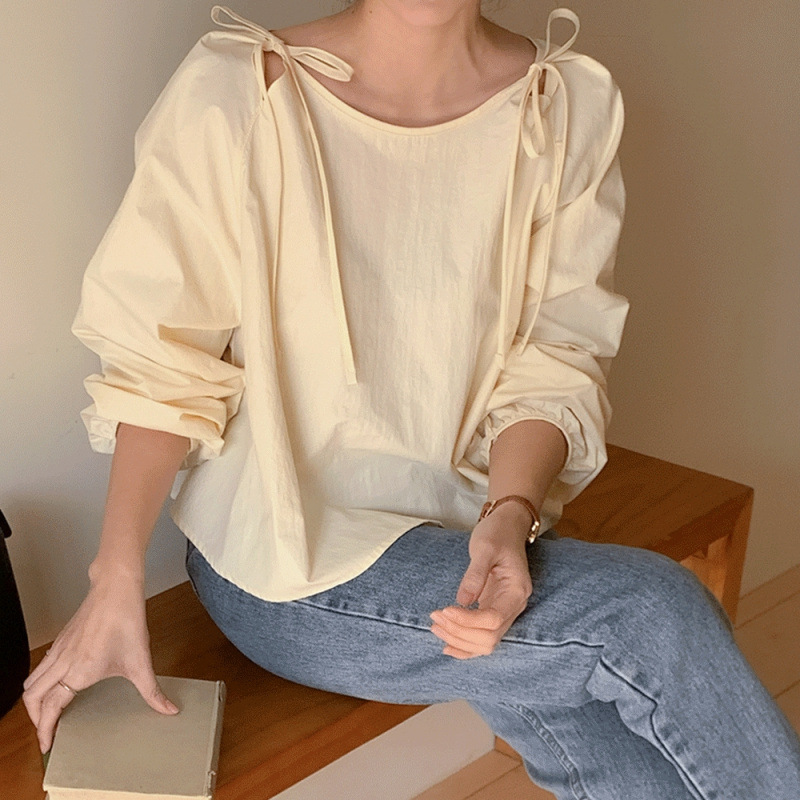 South Korea Chic Autumn French Niche Fresh Style Bow Lace-up Shoulder Sleeve Loose Pullover Shirt Top for Women