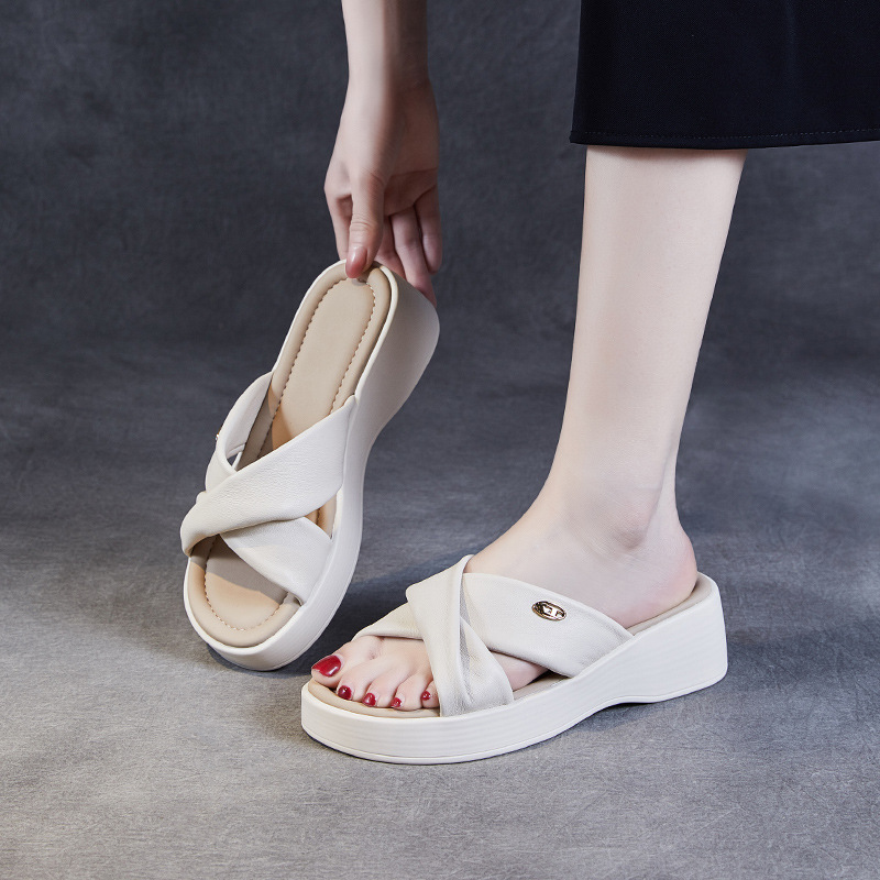Sheepskin Cross Slippers Women's Summer New Genuine Leather Flat Sandals Thick Bottom Comfortable Cloud All-Match Beach Shoes