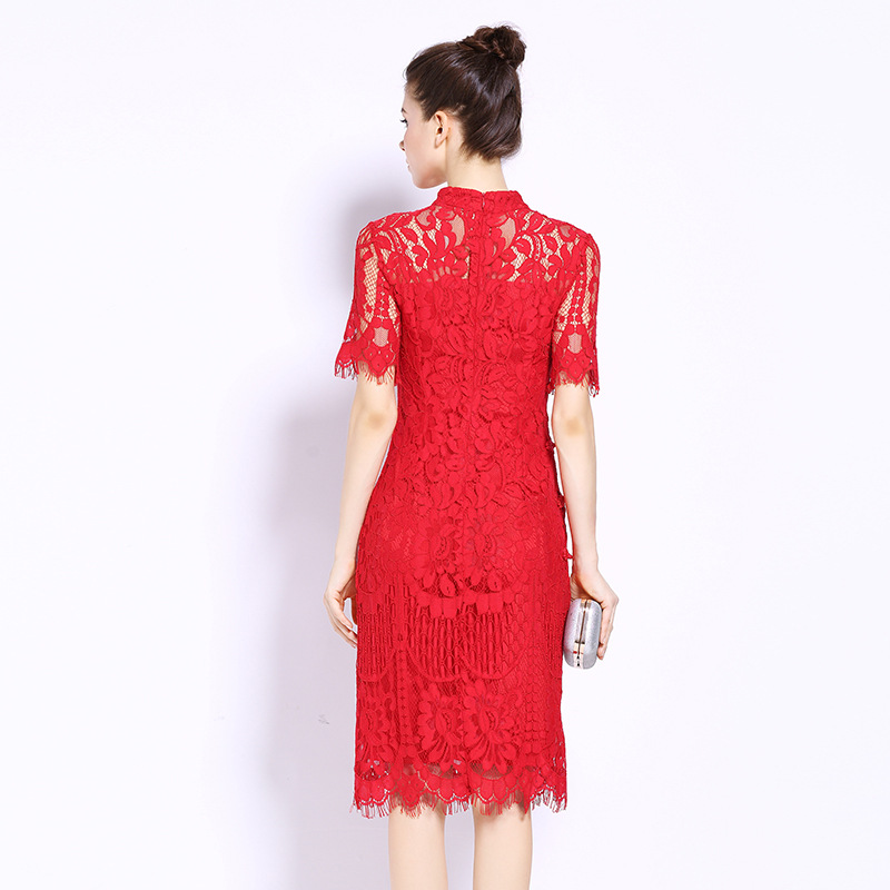 Picture of European Station 2023 Summer and Autumn Women's Clothing Foreign Trade New Slim-fit Red Bridal Dress Short-sleeved Cheongsam Lace Dress
