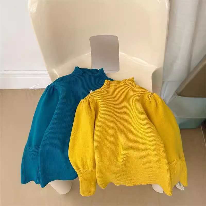 Korean Girl's Solid Color Puff Sleeve Sweater Autumn and Winter New Children's All-match Western Style Knitted Sweater Elastic Base Shirt