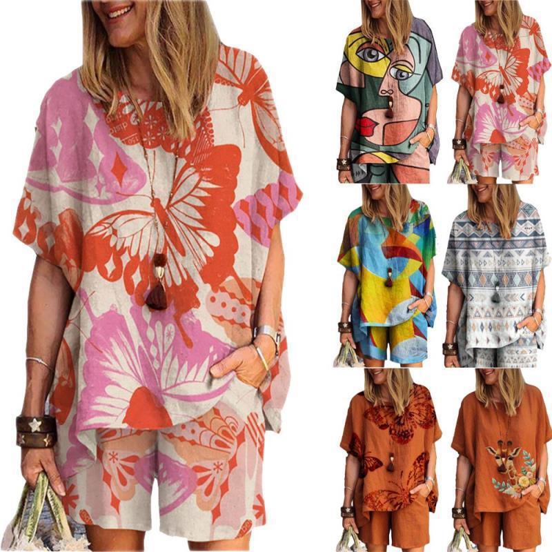 Thailand Women's 2021 Summer Cross-border New Cotton and Linen Printed Two-piece Set Women Loose Set Women