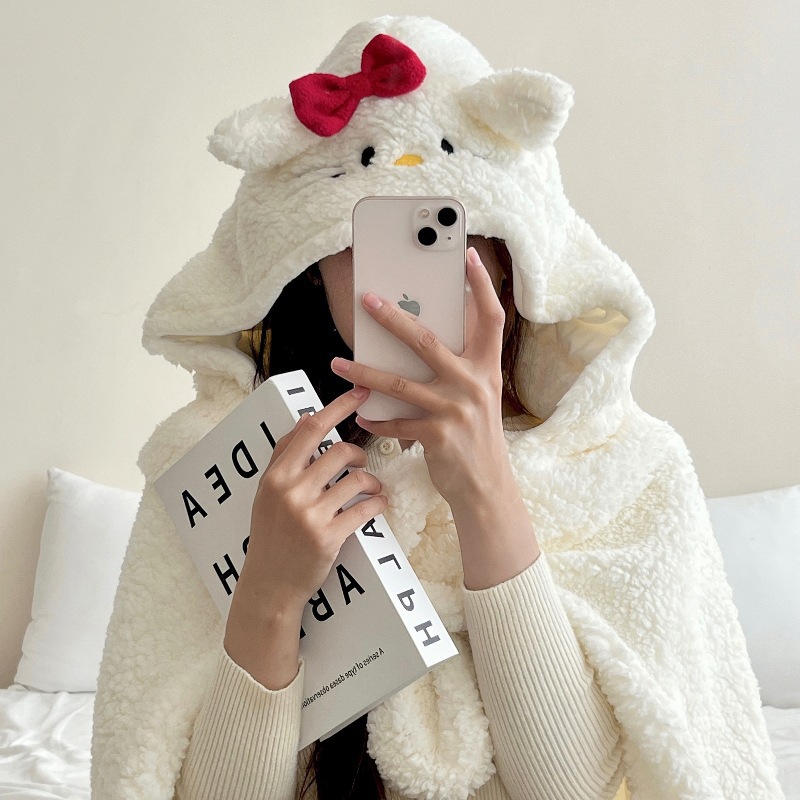 Picture of Ins Cartoon Bear Shawl Cape Winter Out Warm Thickened Cloak Student Office Lunch Break Blanket Women