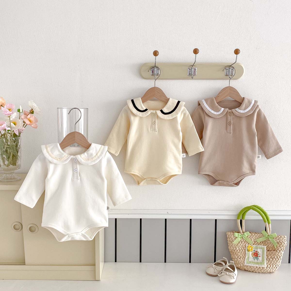 Baby Autumn College Style Bag Fart Clothes for Boys and Girls Baby Cute Doll Collar Long Sleeve Jumpsuit Thin Velvet Warm Clothes