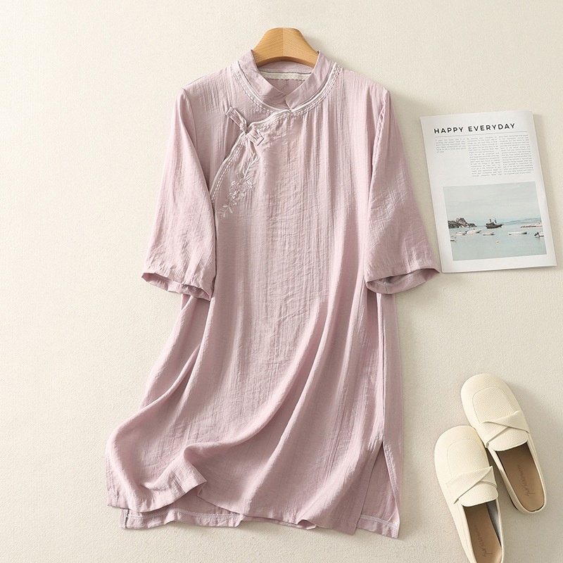 Linen New Chinese Style Round Neck Mid-Sleeve Embroidered Top Literary Retro 2025 Spring and Summer New Loose Shirt Women's Clothing